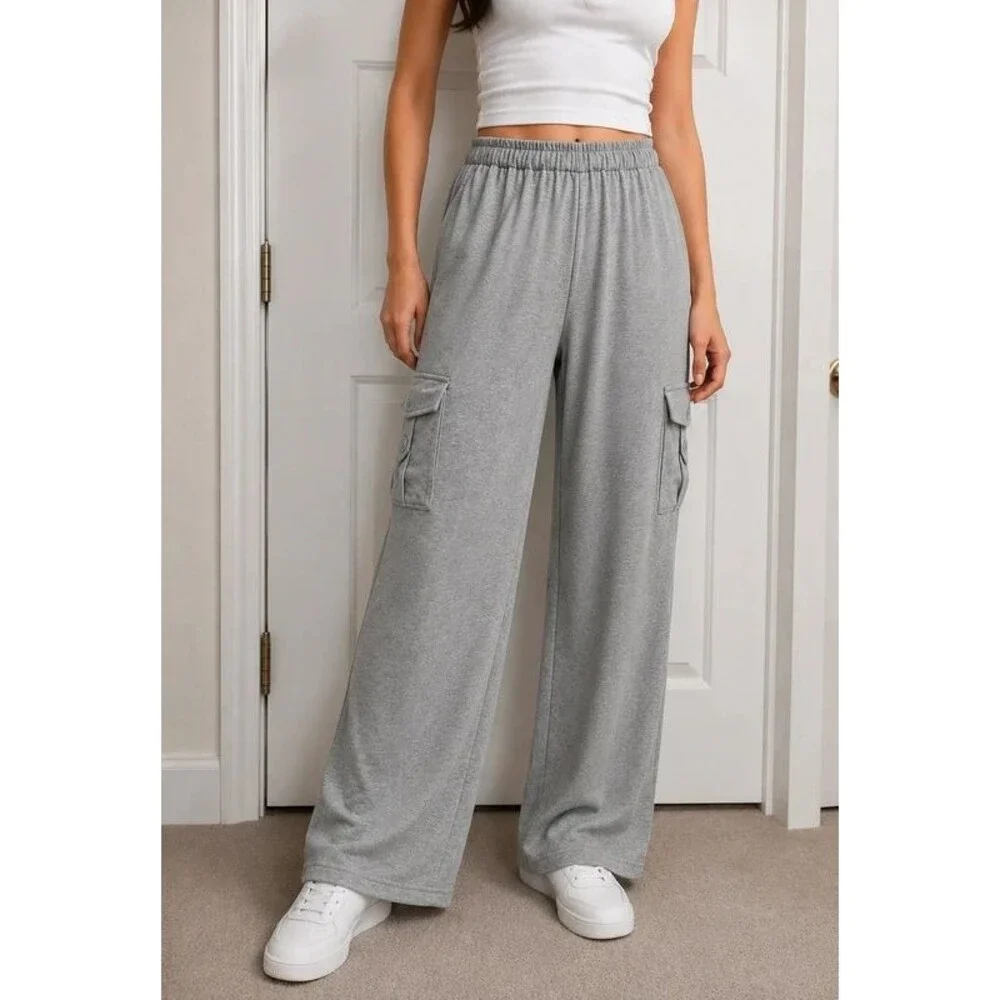 Women's Black Cargo Lounge Pants Set – Est Small – Wide Leg Stretch – 26